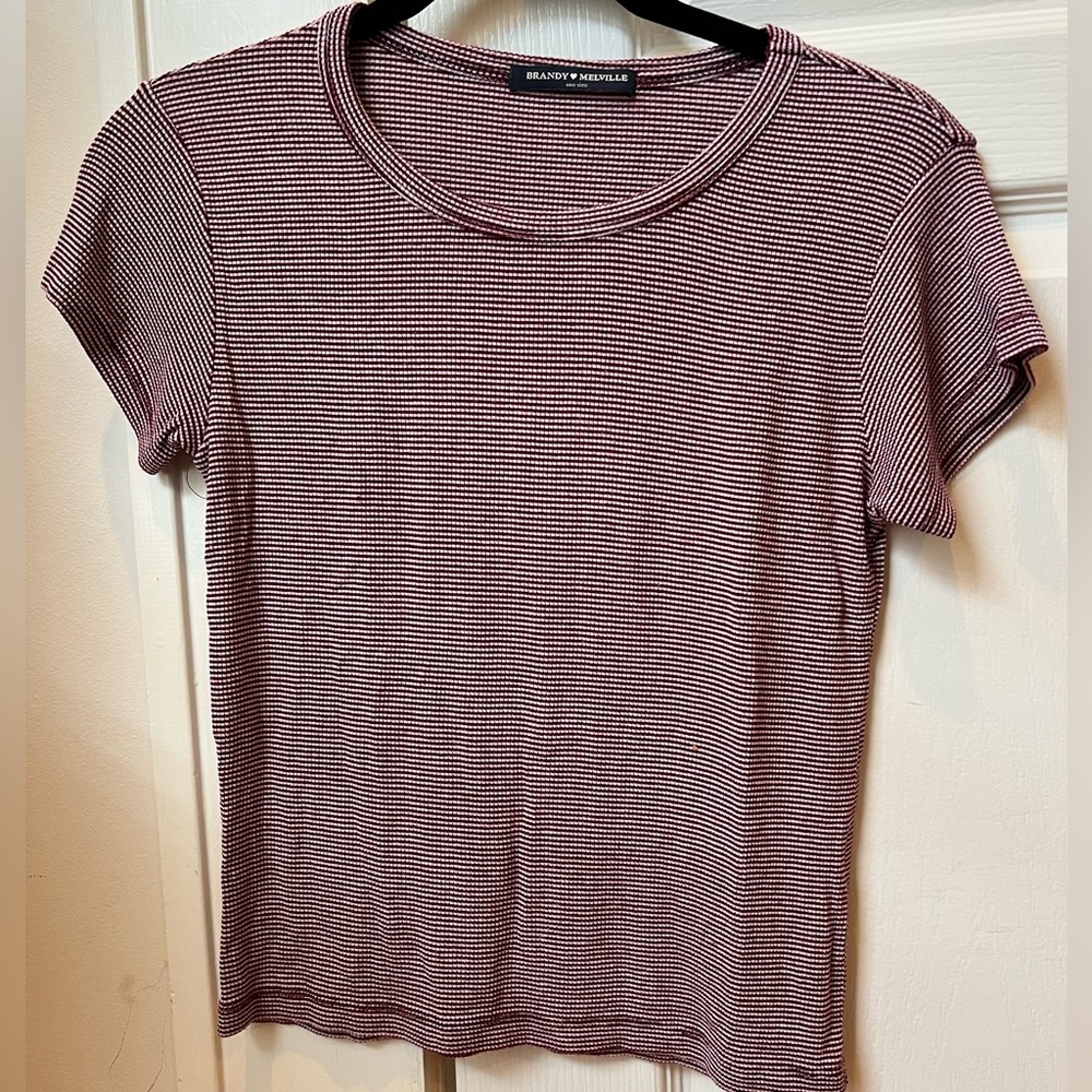 Brandy Melville Ribbed Burgundy & White Striped T-Shirt